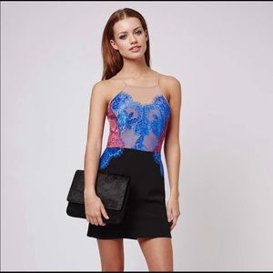 Topshop mini dress; size 8; black with blue and pink lace on top